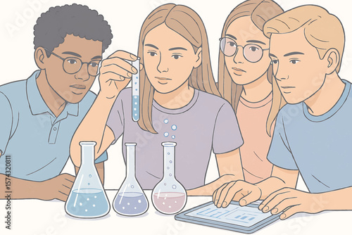 Students Conduct Science Experiment with Beakers Test Tubes and Tablet

