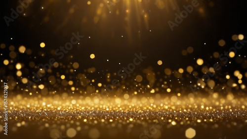 Digital gold color particles flow with dust and bokeh, Digital Stage floor and lighting for display your product background