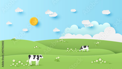 Vector illustration of landscape scenery with green hills and cloud sky on a sunny day. Green landscape with blue sky. Paper cut and craft style illustration
