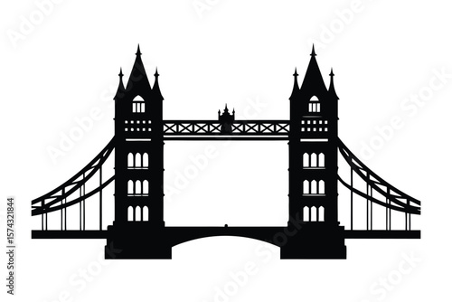 A stark black silhouette of Tower Bridge against a pure white background