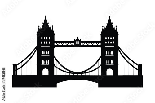 A stark black silhouette of Tower Bridge against a pure white background