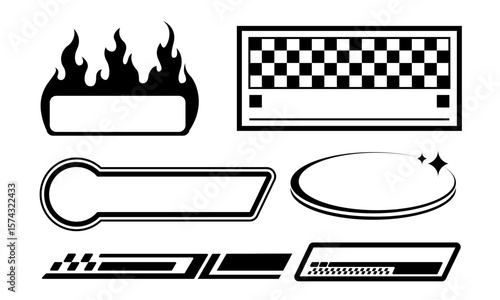 Y2K element vector illustration, trendy elements. Icons stars, flames, checkered racing flags.