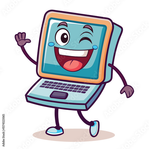 Cartoon laptop character winking and waving