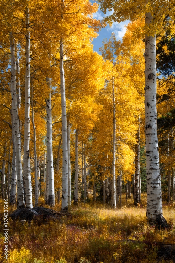 Fototapeta premium Sunlight filters through a dense grove of aspen trees displaying vibrant golden foliage in a serene autumn forest