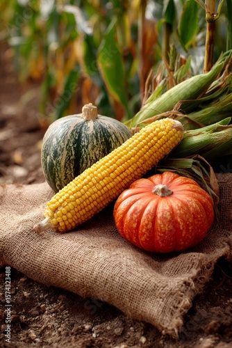 Wallpaper Mural Freshly harvested pumpkins and corn on burlap sack in the field, celebrating the autumn harvest season Torontodigital.ca