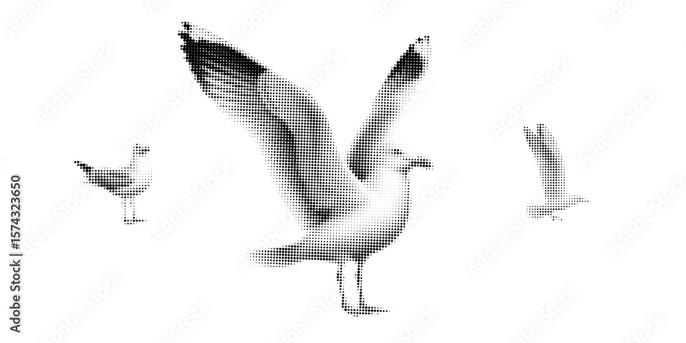 Fototapeta premium Seagull, halftone vector illustration of a seagull flying, standing, in retro comic book style with bold dotted texture. High contrast black and white image isolated on white background. Stylized sea,