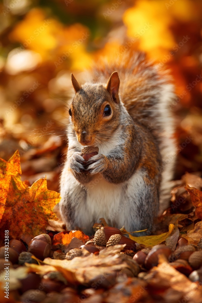 Furry rodent collecting acorns among vibrant fallen leaves, preparing winter food supply in woodland seasonal landscape Furry rodent collecting acorns among vibrant fallen leaves, preparing winter food supply in woodland seasonal landscape