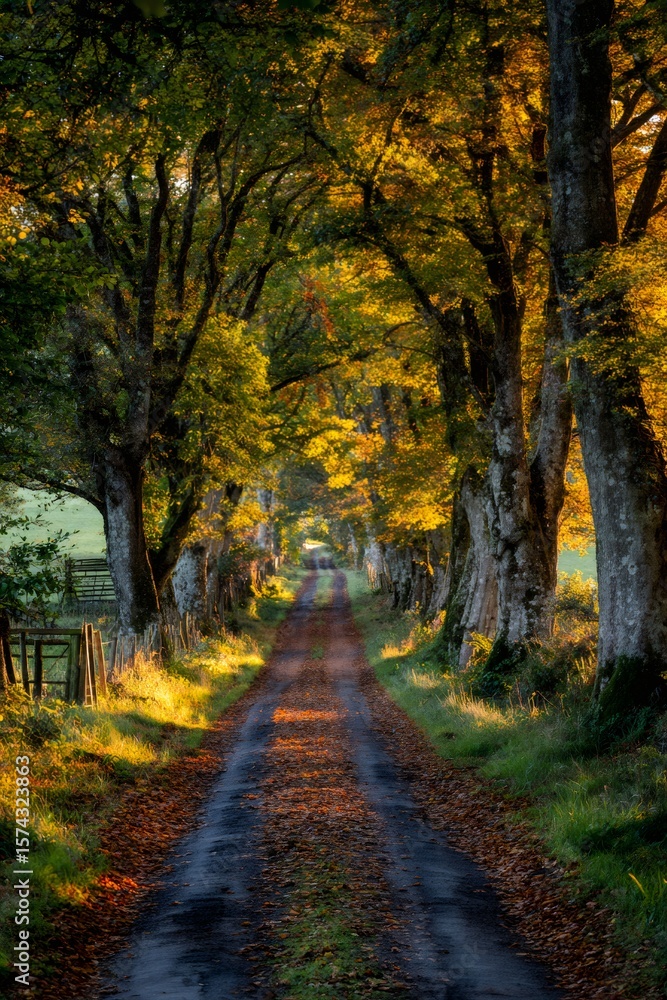 Fototapeta premium Warm sunlight illuminating colorful foliage on trees lining a picturesque country road covered in fallen leaves during autumn