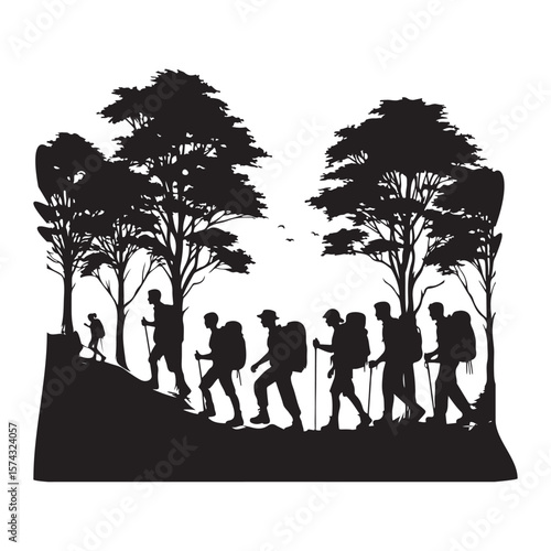 Silhouette of hikers trekking through a forest with trees and birds