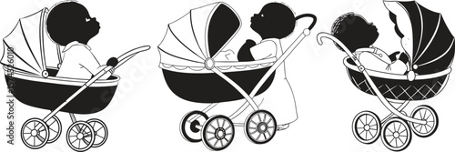 black and white Charming vector logo design featuring a peaceful newborn baby resting comfortably in a classic bassinet perfect for baby care brands and nurseries set 
