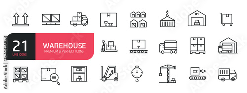 Set of line icons related to cargo, delivery, transport, truck, distribution. Outline icons collection. Editable stroke. Vector illustration