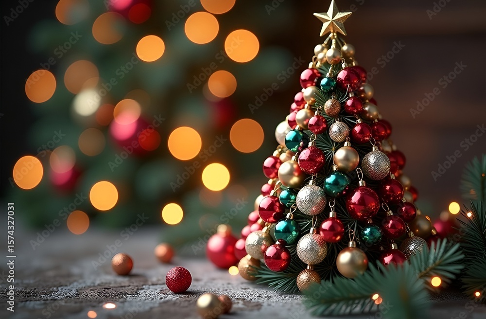 Obraz premium Festive miniature Christmas tree adorned with colorful ornaments, surrounded by soft bokeh lights, creating a warm and inviting holiday atmosphere for seasonal celebrations