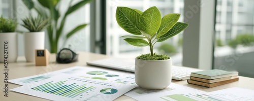 Small potted plant on a desk surrounded by business charts and notebooks in a bright office setting.