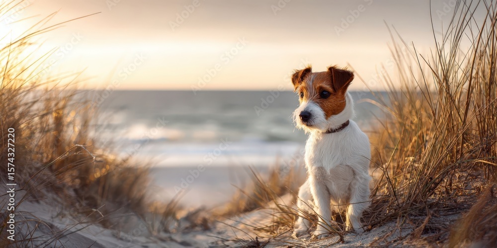 Adorable Jack Russell Dog Sitting on Beach Dunes at Sunset During Summer Holidays Adorable Jack Russell Dog Sitting on Beach Dunes at Sunset During Summer Holidays