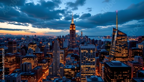 an urban nightscape, dominated by a prominent skyscraper towering over a city skyline. the sky is dark with clouds, indicating it is late evening