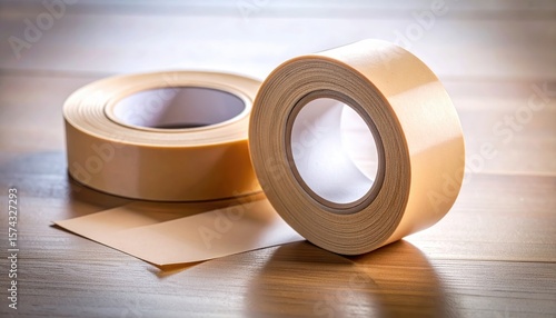 Beige adhesive tapes on a wooden surface