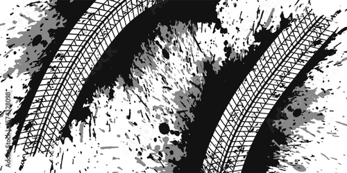 Tire tread marks, wheel textures, tire marks - car racing, motocross, drift, rally, off-road and others. Vector black isolated texture in grunge style with splashes.eps10