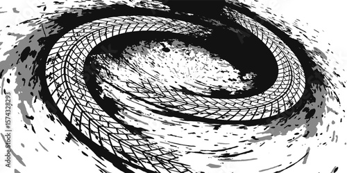 Tire tread marks, wheel textures, tire marks - car racing, motocross, drift, rally, off-road and others. Vector black isolated texture in grunge style with splashes.