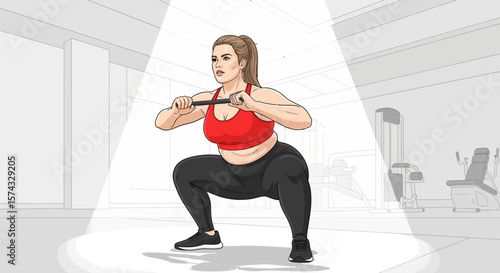 Cartoon Woman Doing Squats with Barbell in Gym, Red Top, Black Leggings