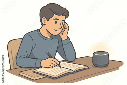 Student Studying and Writing Notes with Smart Speaker on Desk