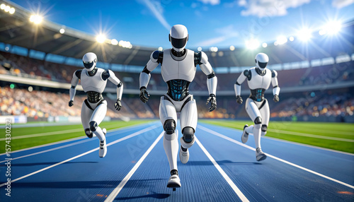 Three humanoid robots race forward on a blue running track in a stadium under a bright sky.