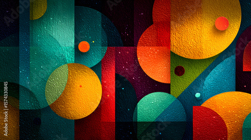 Dynamic geometric composition using a variety of vivid colors and shapes, HD realistic