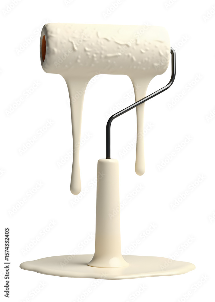 Fototapeta premium Heavy white paint drips from roller, creating gooey, messy spill