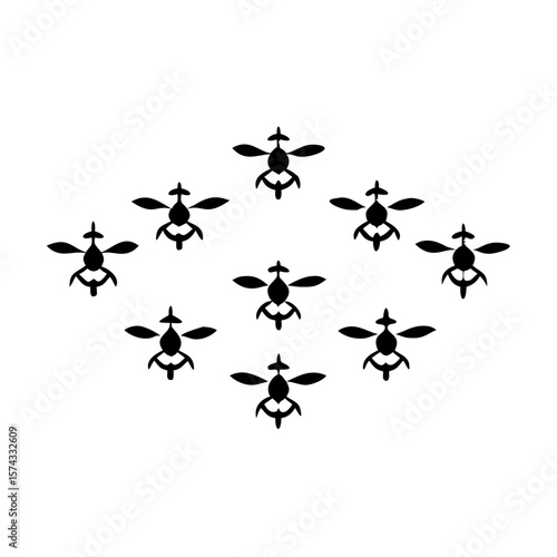 Stylized swarm of tiny drones silhouette design in simple vector style