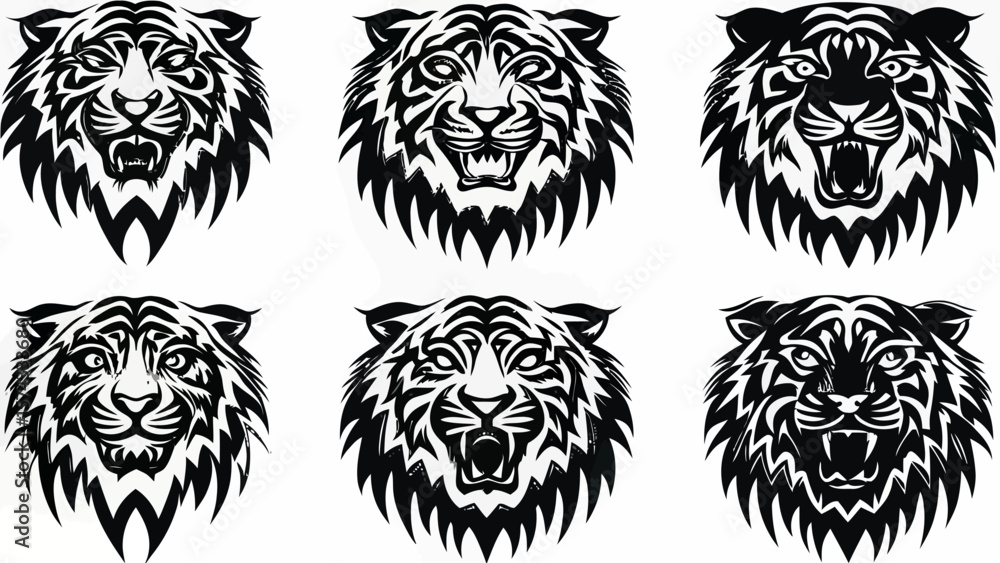 Fototapeta premium Collection of six fierce tribal tiger head designs in black and white