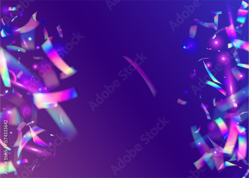Carnaval Background. Foil Holographic Explosion. Festive Ribbon. Falling Design. Art Concept. Anniversary Effect. Rainbow Tinsel. Pink Glare Confetti. Purple Carnaval Background
