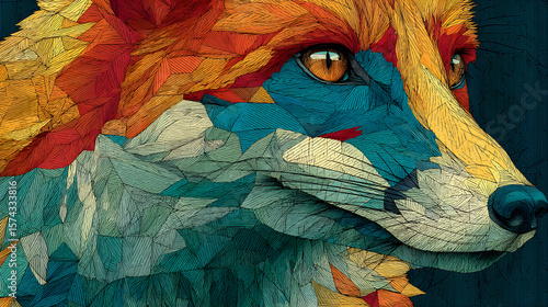 Fototapeta Naklejka Na Ścianę i Meble -  Fox illustrated using abstract geometric lines and bold color palette, HD realistic