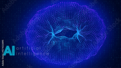 Ai Torus Background. Abstract  3d Tech Bg For Artificial Intelligence And Big Data Concept. Light Particle Stream In Space With High-tech Graphic. Blue And Purple Ai Torus Background.
