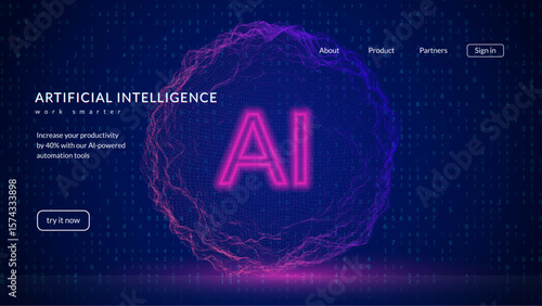 Ai Sphere Background. Abstract  3d Tech Bg For Artificial Intelligence And Big Data Concept. Glow Wave With Stream Of Science And Future Innovation. Blue And Purple Ai Sphere Background.