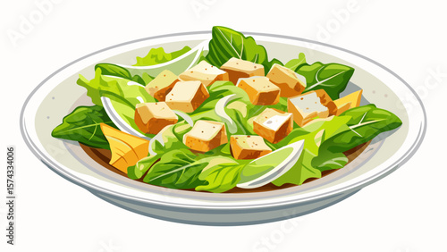a clean white plate with a delicious Caesar salad topped with croutons and parmesan on a white isolated background, healthy and fresh design very beautiful with a white background