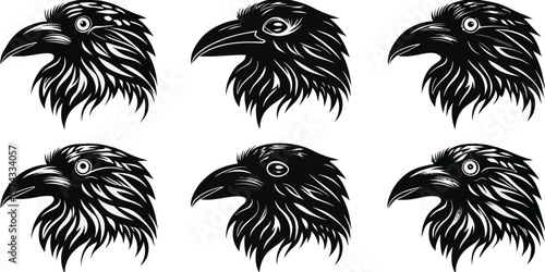 Six stylized black raven heads with detailed feathers on white background