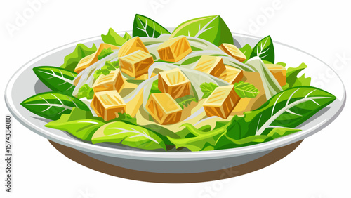 a clean white plate with a delicious Caesar salad topped with croutons and parmesan on a white isolated background, healthy and fresh design very beautiful with a white background