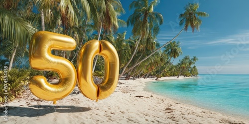 Celebratory 50th Birthday with Gold Number Balloons on Tropical Beach