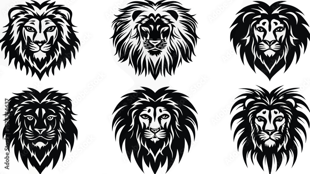 Obraz premium Collection of six stylized black and white lion head illustrations with detailed manes