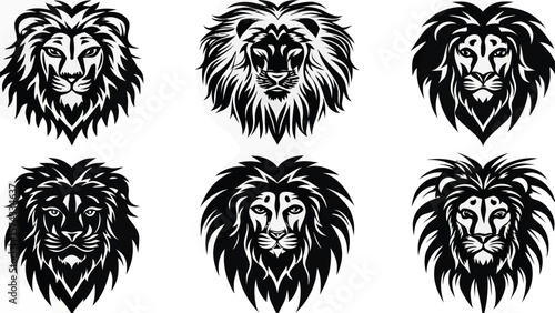 Collection of six stylized black and white lion head illustrations with detailed manes
