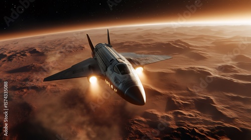 Fototapeta Naklejka Na Ścianę i Meble -  Futuristic spaceship flying over mars during sunset