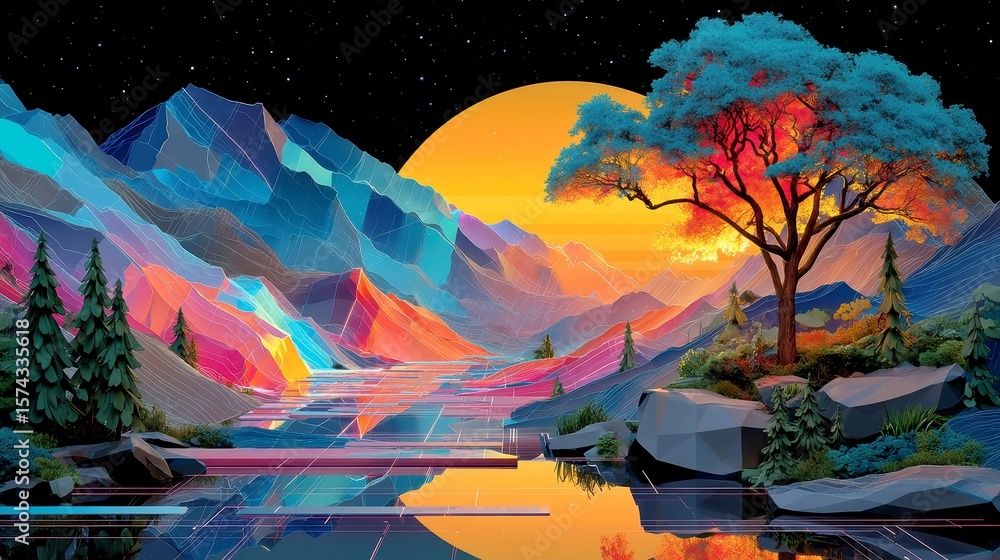 Obraz premium Chromatic Mesh Valley, a vibrant futuristic landscape featuring a grid of hot pink and cyan, enhanced by a smooth gradient night sky and striking angular formations.