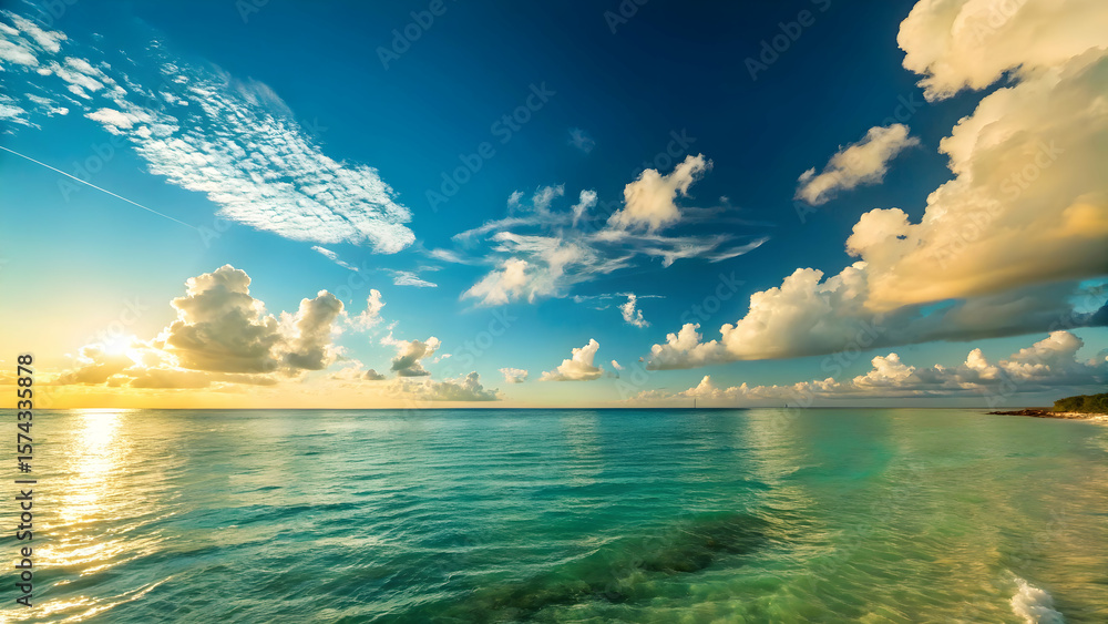 Obraz premium Warm sunlight illuminates the tropical beach, where blue waves meet the sand under a vast, cloud-dotted sky