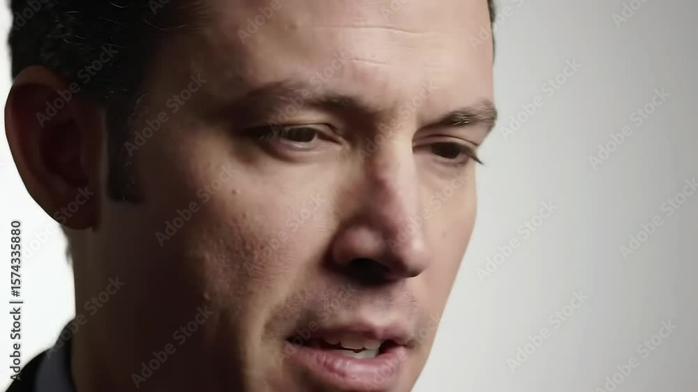 Close-up shot of a man with short dark hair, wearing a dark jacket, looking slightly off-camera. Close-up shot of a man with short dark hair, wearing a dark jacket, looking slightly off-camera.