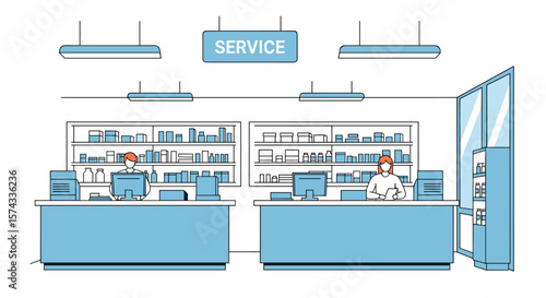 Modern Retail Store Service Counter With Friendly Staff Assisting Customers Efficiently Through Organized Shelves And Technology