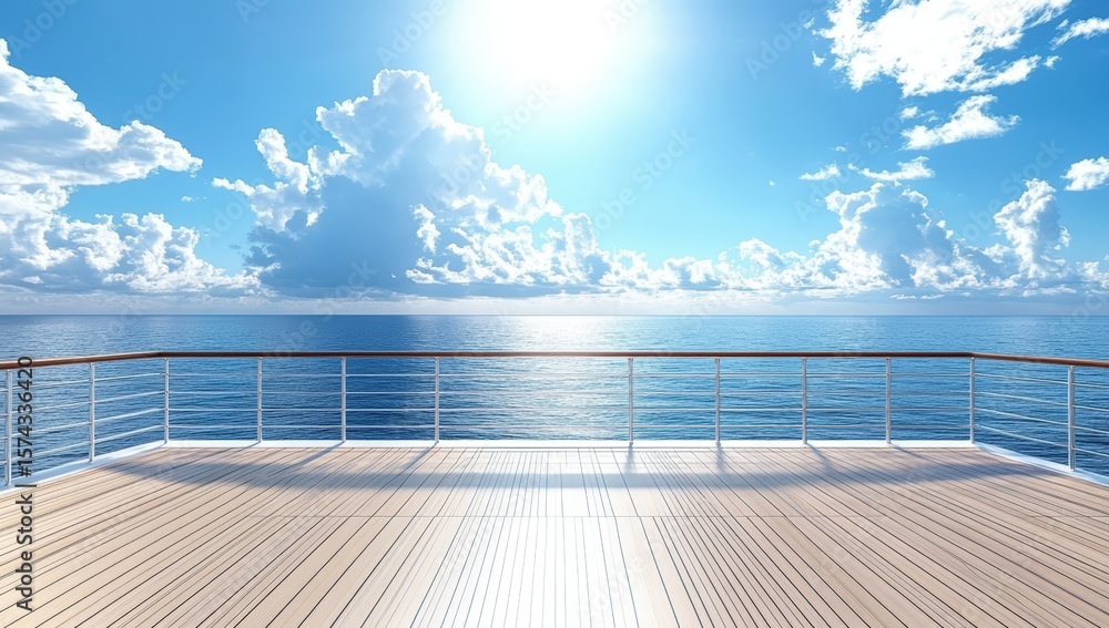 Obraz premium A serene view of the ocean under a bright blue sky, seen from a wooden deck with metal railings, reflecting sunlight on calm waters.