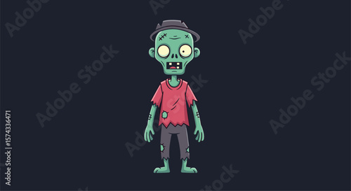 An Animated Pixel Art Character of a Cartoon Zombie Wearing a Hat and Ripped Clothes