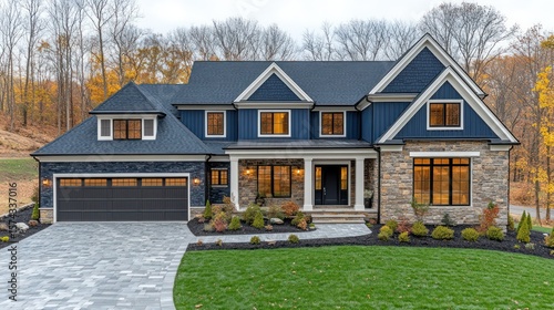 Modern farmhouse exterior, dark blue and stone