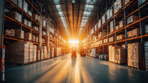 Wallpaper Mural Sunrise Over Warehouse Aisle with Forklift in Motion and Pallets Torontodigital.ca