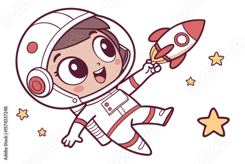 Vector cute Baby Girl cartoon character dressed as a little astronaut floating in space isolated on white background