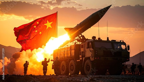 Missile launch under sunset, China flag